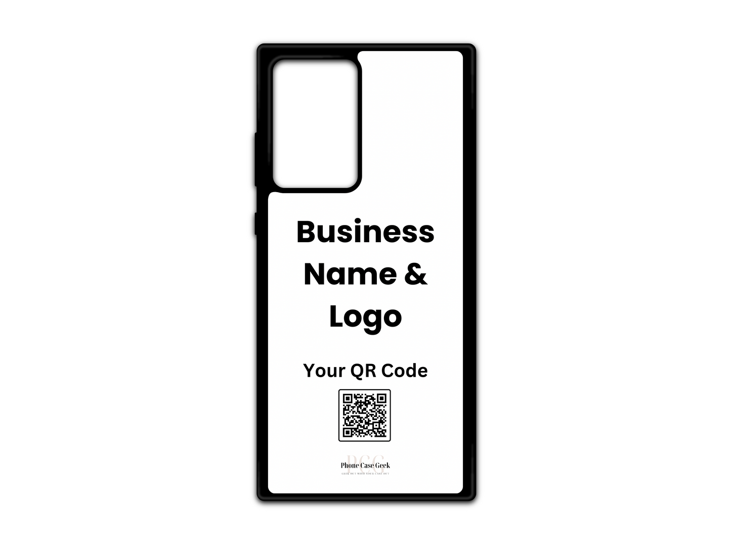 Template design for a custom business logo and QR code phone case for Samsung Galaxy S21 Ultra, Note 20, and Note 20 Ultra, showcasing layout placement for personalization.