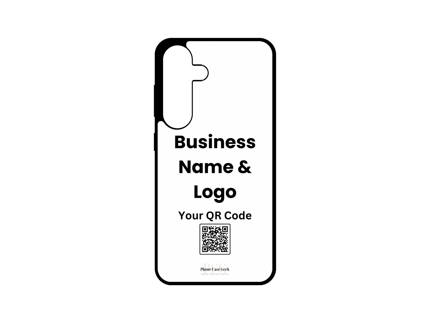 Template design for a custom business logo and QR code phone case for Samsung Galaxy S24, S23, S22, and S21, showcasing layout placement for personalization.