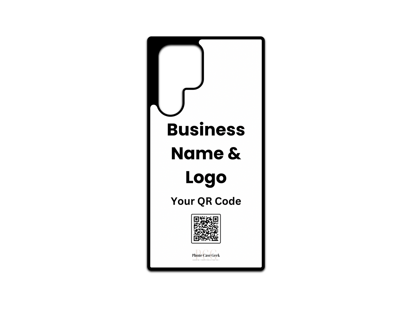 Template design for a custom business logo and QR code phone case for Samsung Galaxy S24 Ultra, S23 Ultra, and S22 Ultra, showcasing layout placement for personalization.