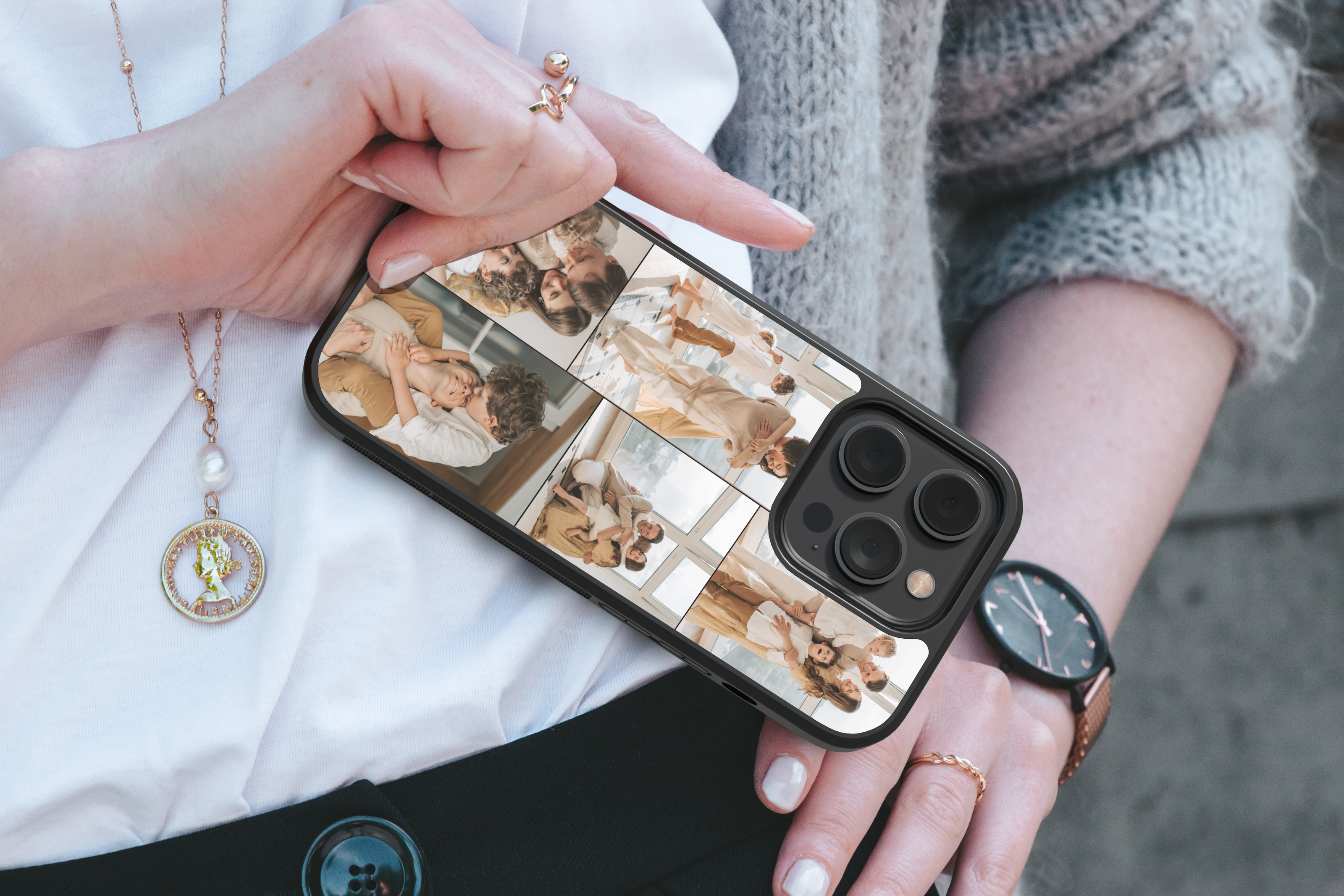 Woman holding a custom phone case featuring a family photo collage, personalized design.