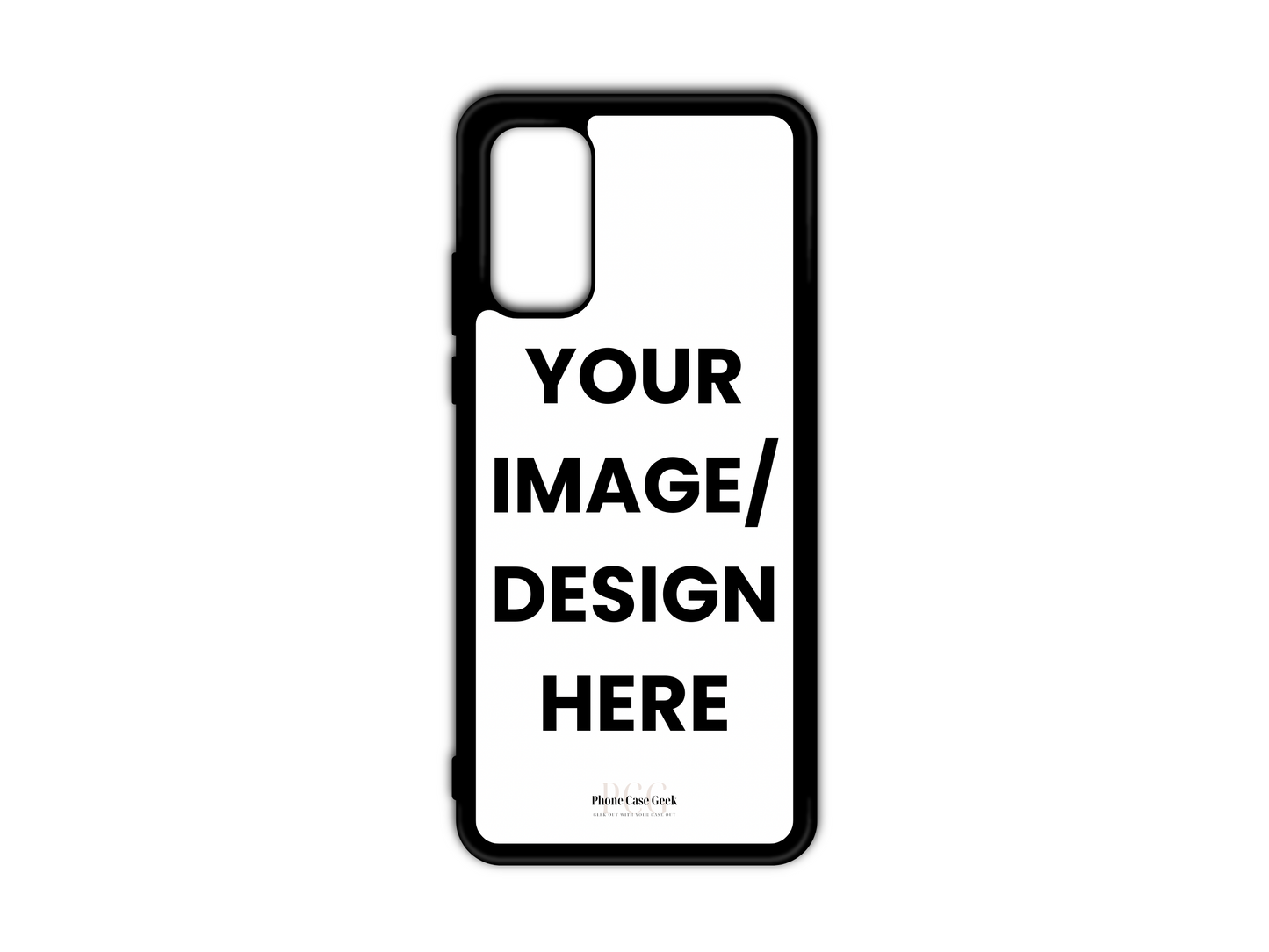 Template design for a custom phone case for Samsung Galaxy S20, S20 Ultra, and S20 FE, showcasing the layout and personalization options available.