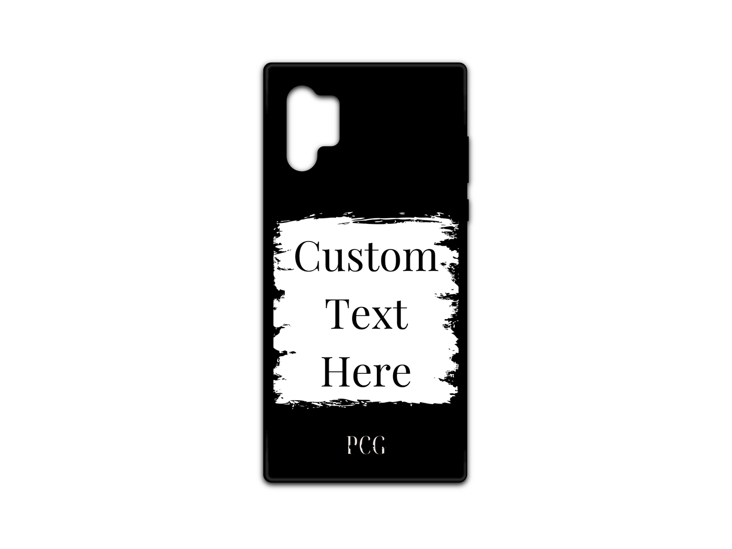 Template layout for a custom text phone case for Samsung Galaxy Note 10, featuring a black background with a white box for personalized text placement.