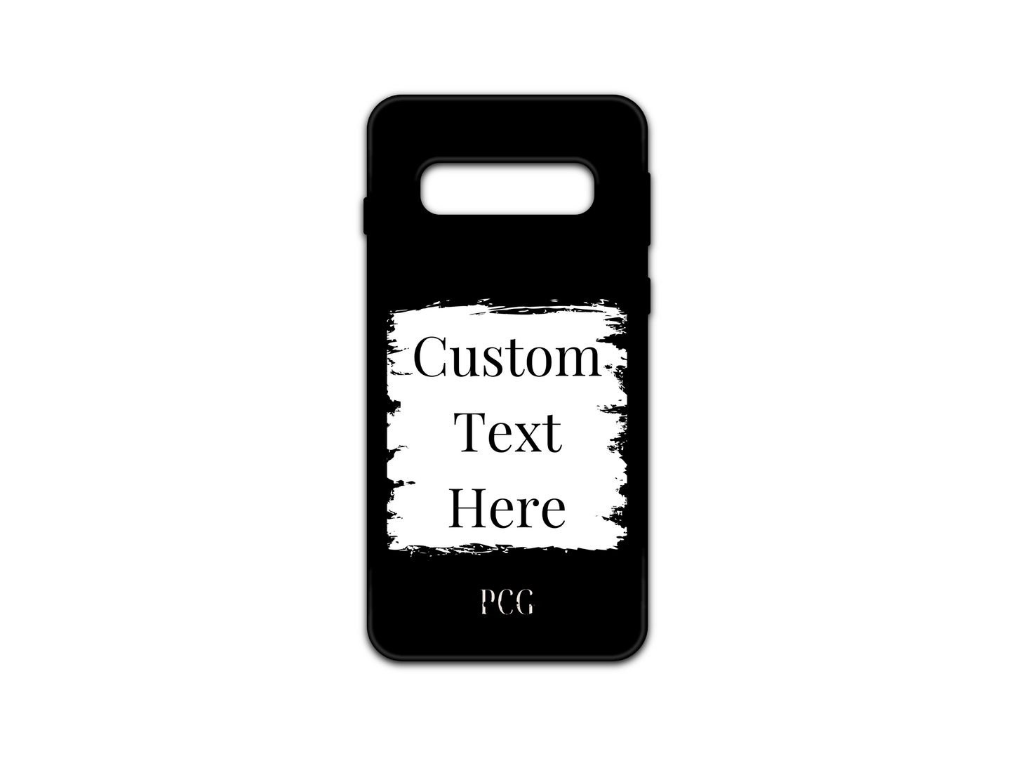 Template layout for a custom text phone case for Samsung Galaxy S10 and S10 5G, featuring a black background with a white box for personalized text placement.