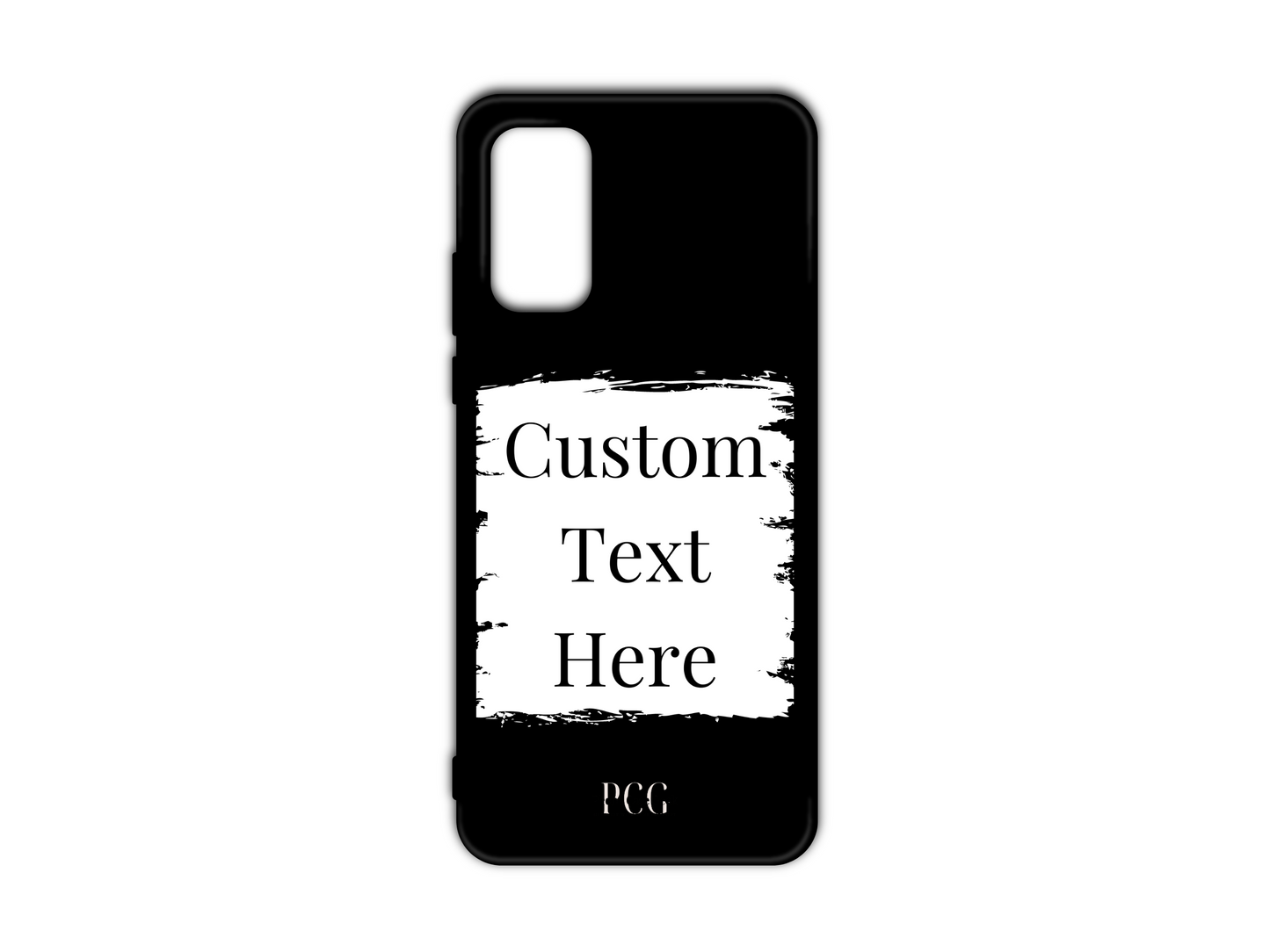 Template layout for a custom text phone case for Samsung Galaxy S20, S20 Ultra, and S20 FE, featuring a black background with a white box for personalized text placement.