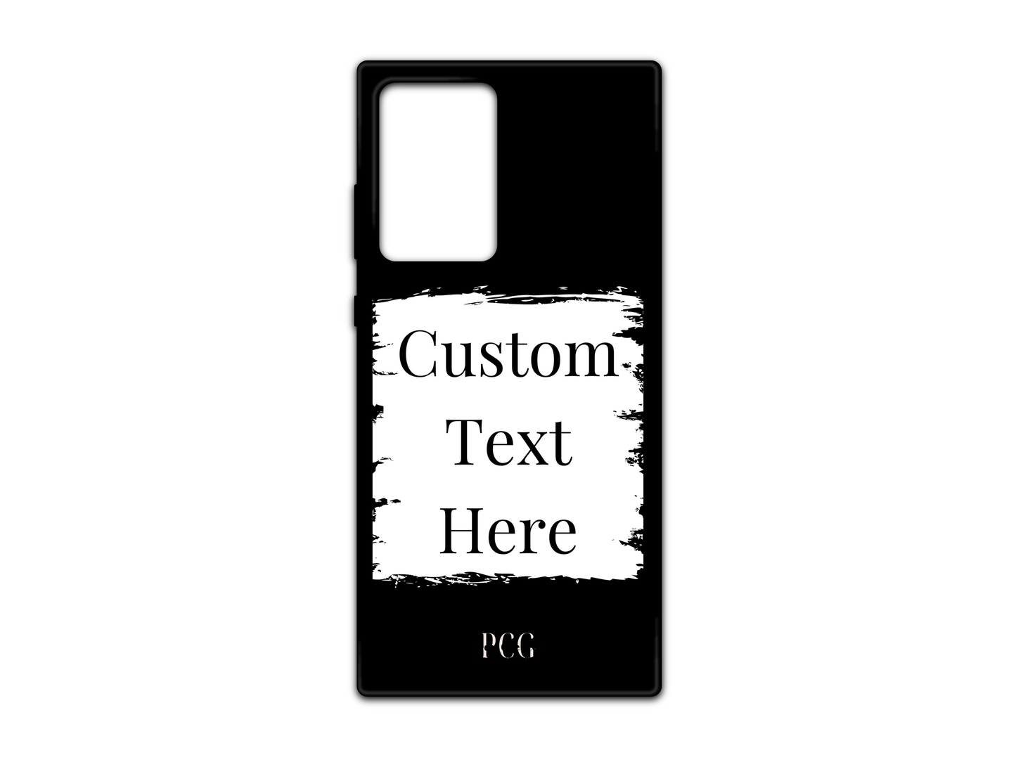 Template layout for a custom text phone case for Samsung Galaxy S21 Ultra, Note20, and Note20 Ultra, featuring a black background with a white box for personalized text placement.