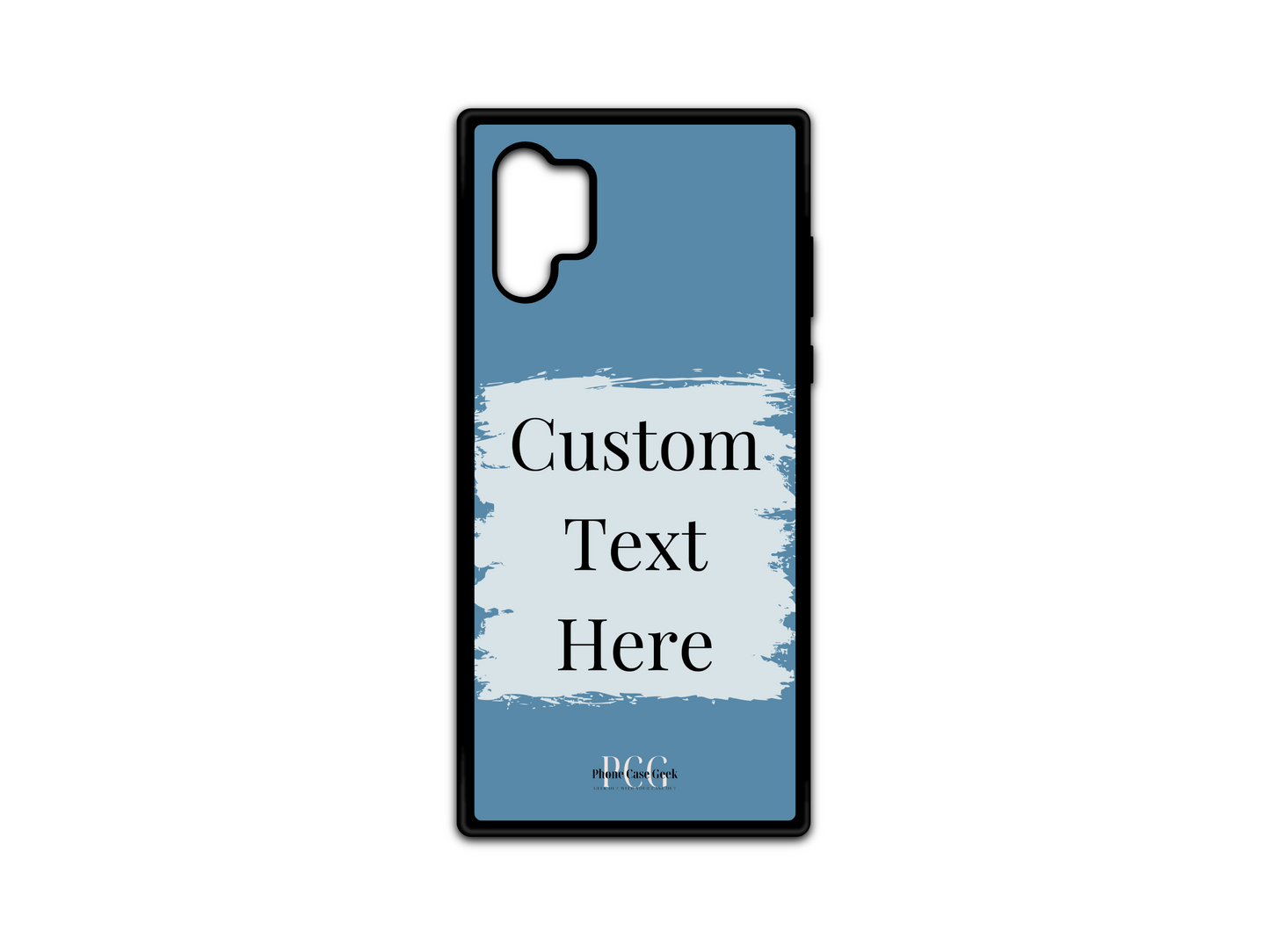 Template layout for a custom text phone case for Samsung Galaxy Note 10, featuring a blue background with a light blue box for personalized text placement.