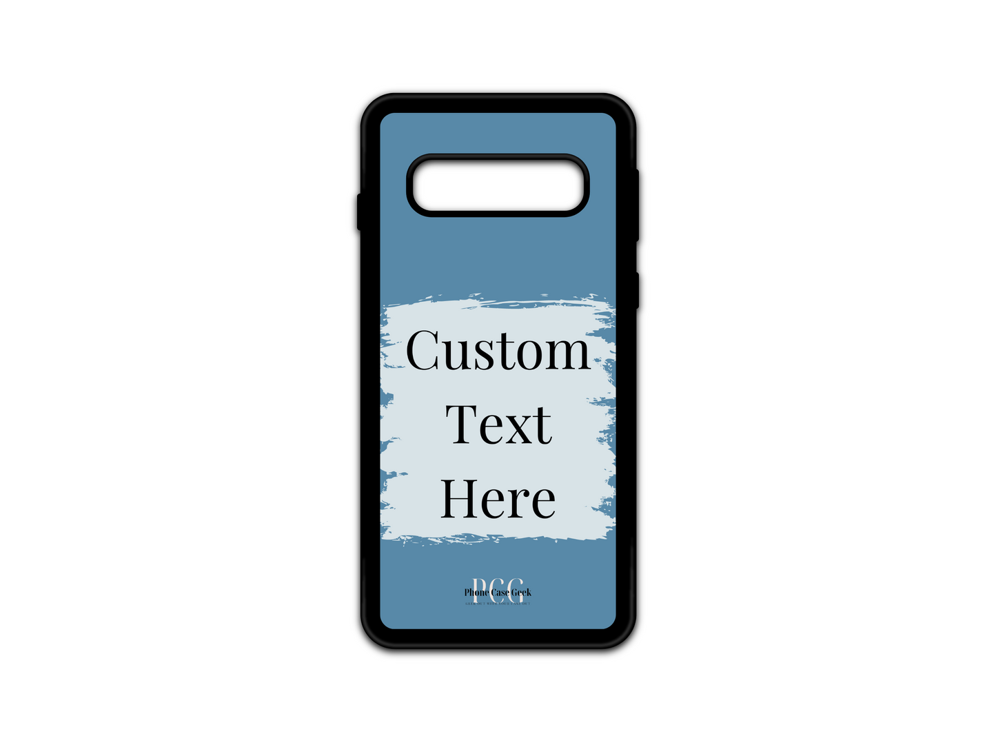 Template layout for a custom text phone case for Samsung Galaxy S10 and S10 5G, featuring a blue background with a light blue box for personalized text placement.