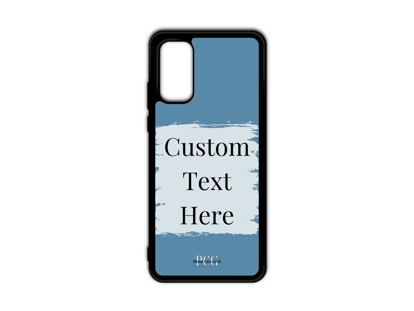 Template layout for a custom text phone case for Samsung Galaxy S20, S20 Ultra, and S20 FE, featuring a blue background with a light blue box for personalized text placement.