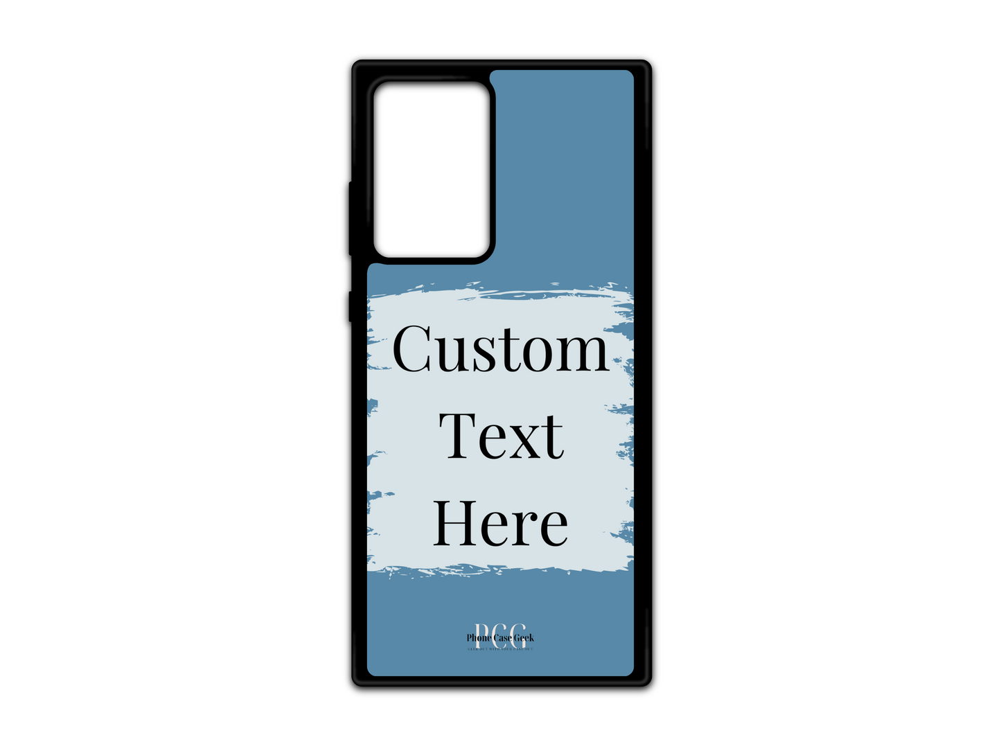 Template layout for a custom text phone case for Samsung Galaxy S21 Ultra, Note20, and Note20 Ultra, featuring a blue background with a light blue box for personalized text placement.