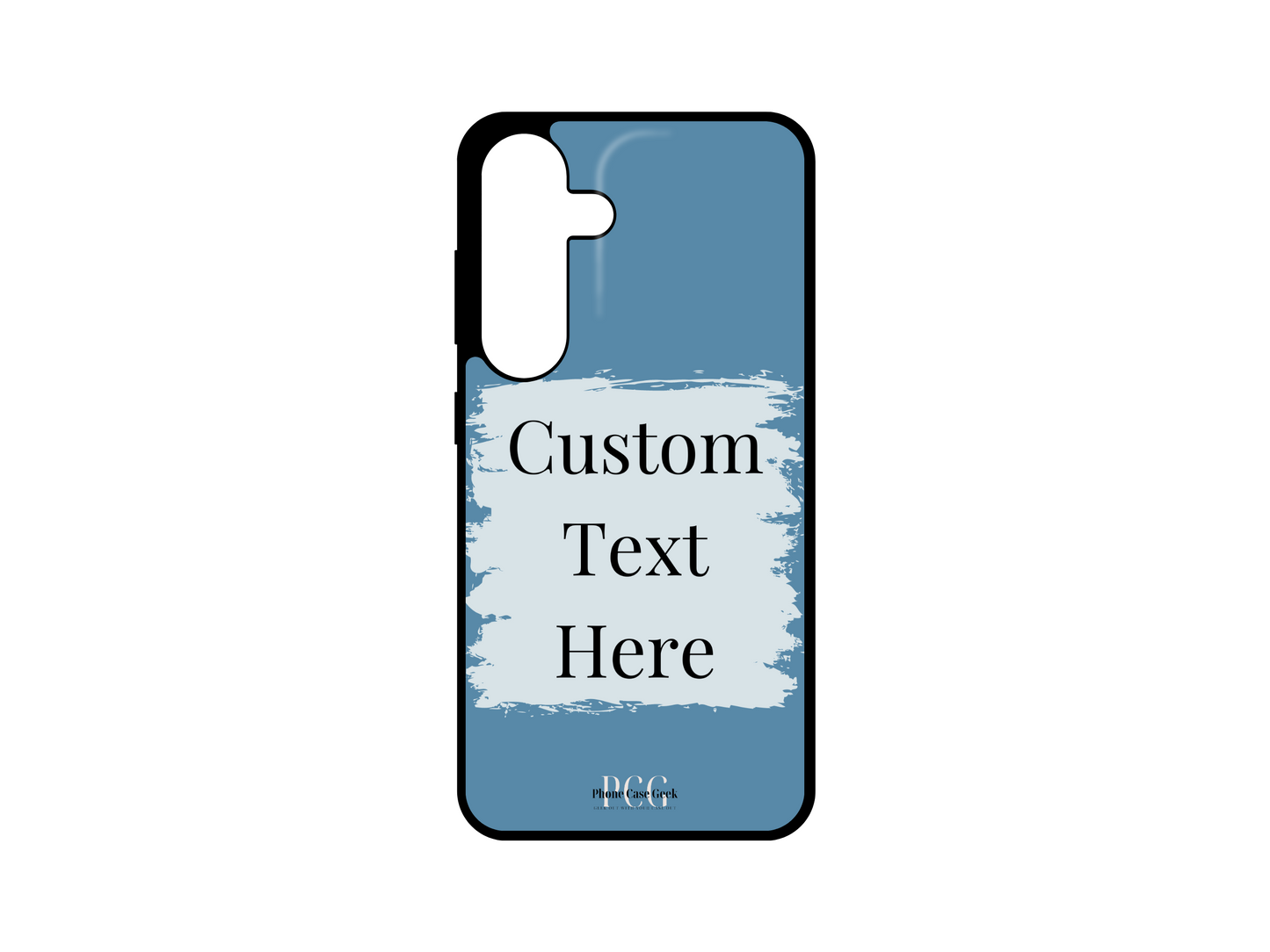 Template layout for a custom text phone case for Samsung Galaxy S24, S23, S22, and S21, featuring a blue background with a light blue box for personalized text placement.