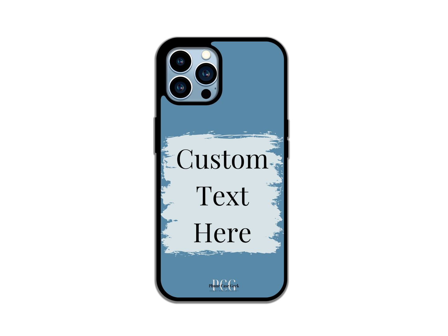 Customizable iPhone phone case with blue background and white-box text area for personalized messages or text.