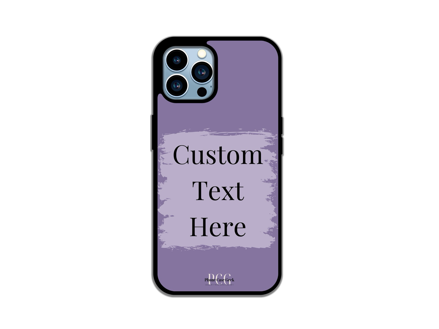 Customizable iPhone phone case with purple background and light purple-box text area for personalized messages or text.