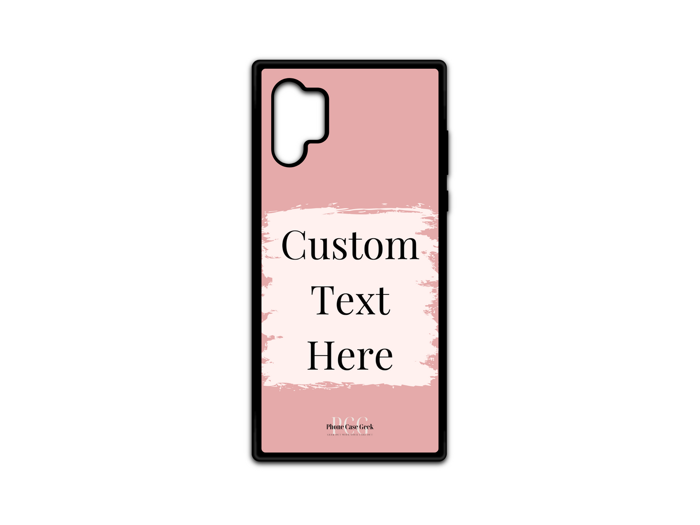 Template layout for a custom text phone case for Samsung Galaxy Note 10, featuring a pink background with a white box for personalized text placement.