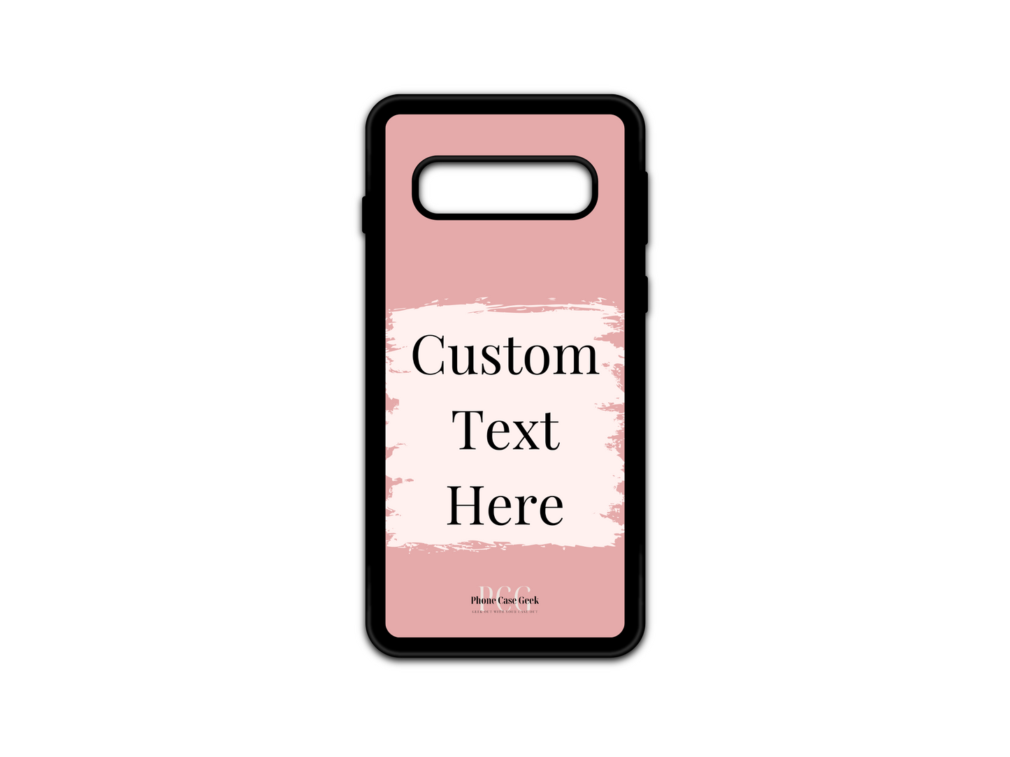 Template layout for a custom text phone case for Samsung Galaxy S10 and S10 5G, featuring a pink background with a white box for personalized text placement.