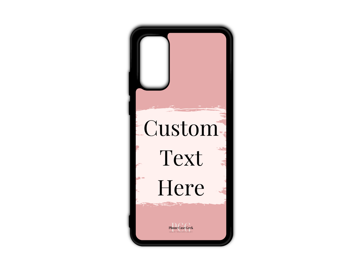 Template layout for a custom text phone case for Samsung Galaxy S20, S20 Ultra, and S20 FE, featuring a pink background with a white box for personalized text placement.