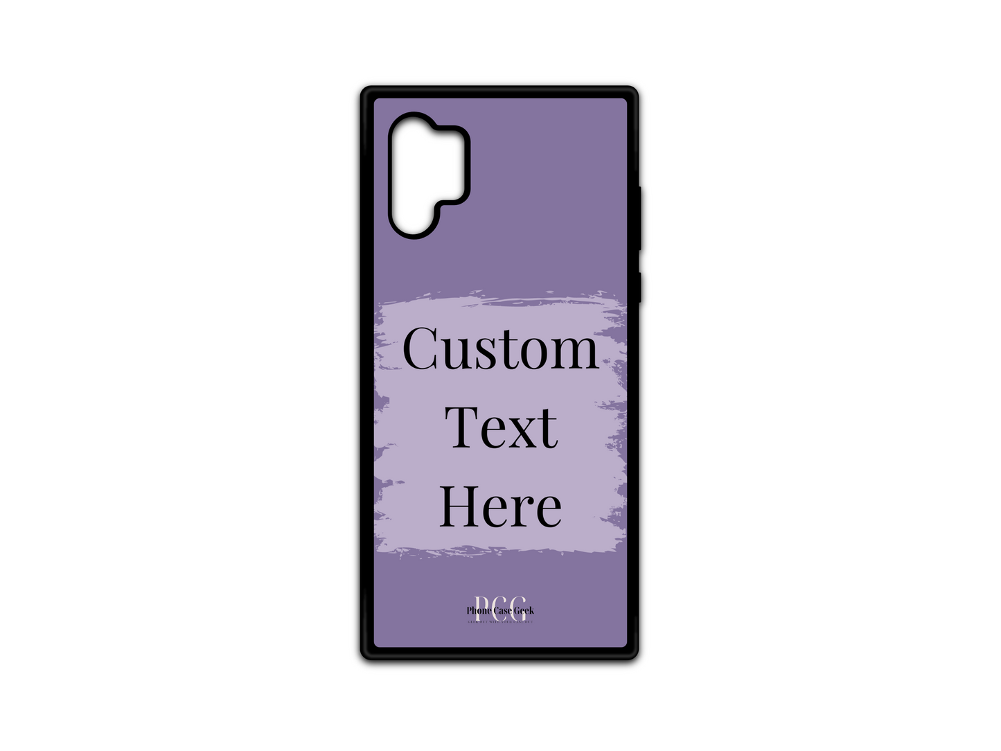 Template layout for a custom text phone case for Samsung Galaxy Note 10, featuring a purple background with a light purple box for personalized text placement.