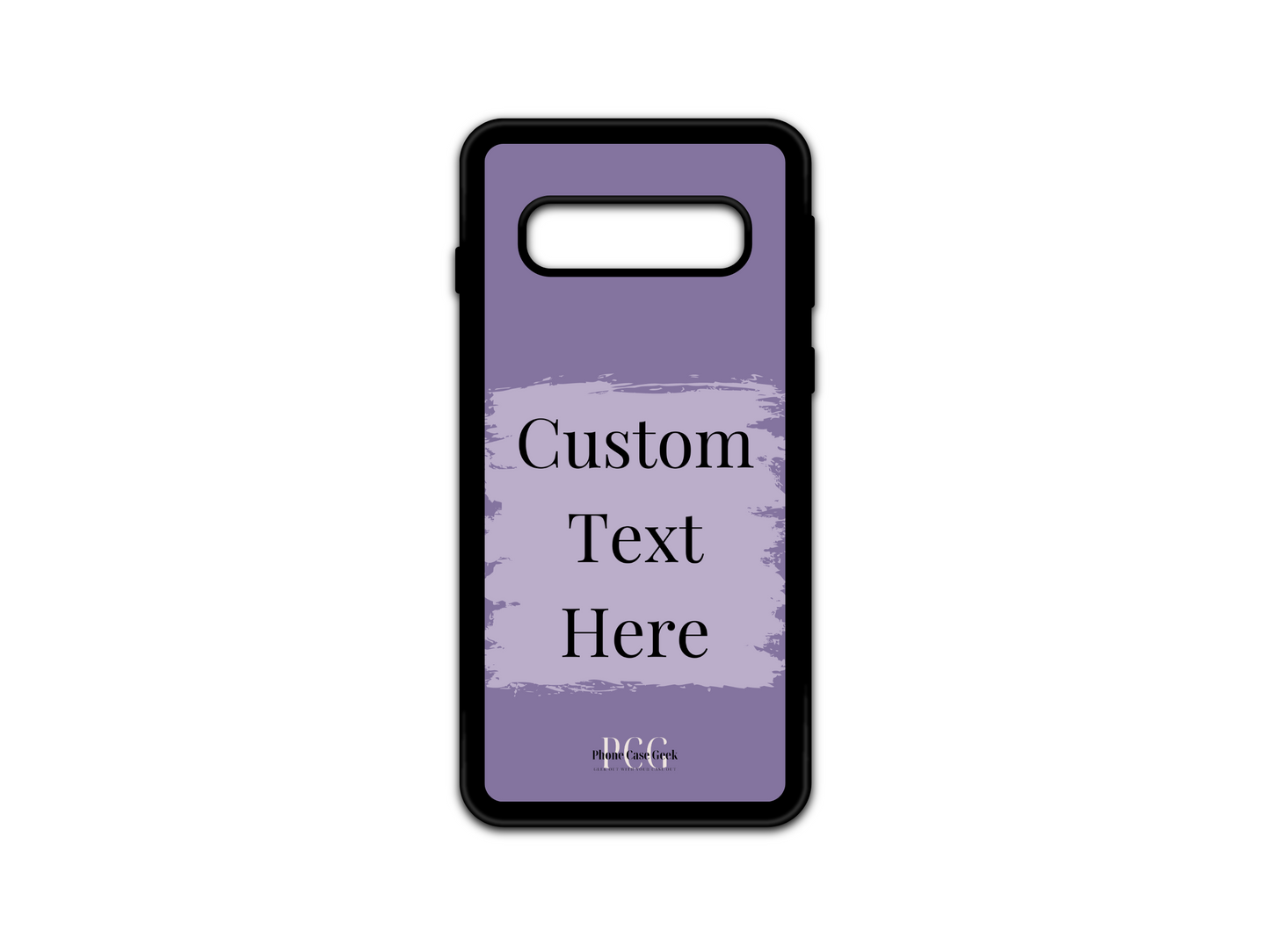 Template layout for a custom text phone case for Samsung Galaxy S10 and S10 5G, featuring a purple background with a light purple box for personalized text placement.