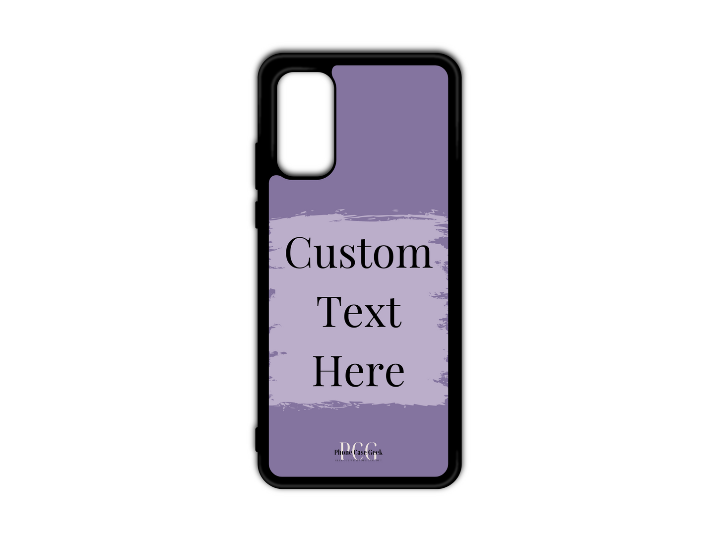 Template layout for a custom text phone case for Samsung Galaxy S20, S20 Ultra, and S20 FE, featuring a purple background with a light purple box for personalized text placement.