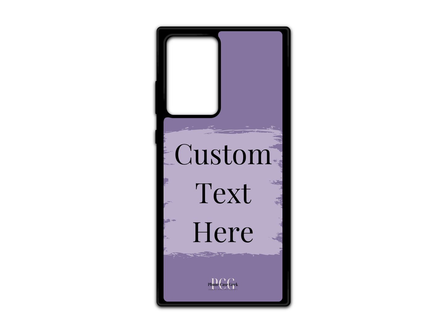 Template layout for a custom text phone case for Samsung Galaxy S21 Ultra, Note20, and Note20 Ultra, featuring a purple background with a light purple box for personalized text placement.