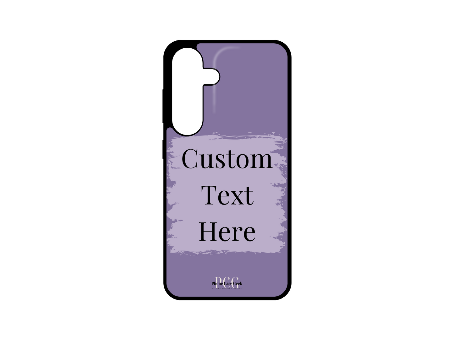 Template layout for a custom text phone case for Samsung Galaxy S24, S23, S22, and S21, featuring a purple background with a light purple box for personalized text placement.