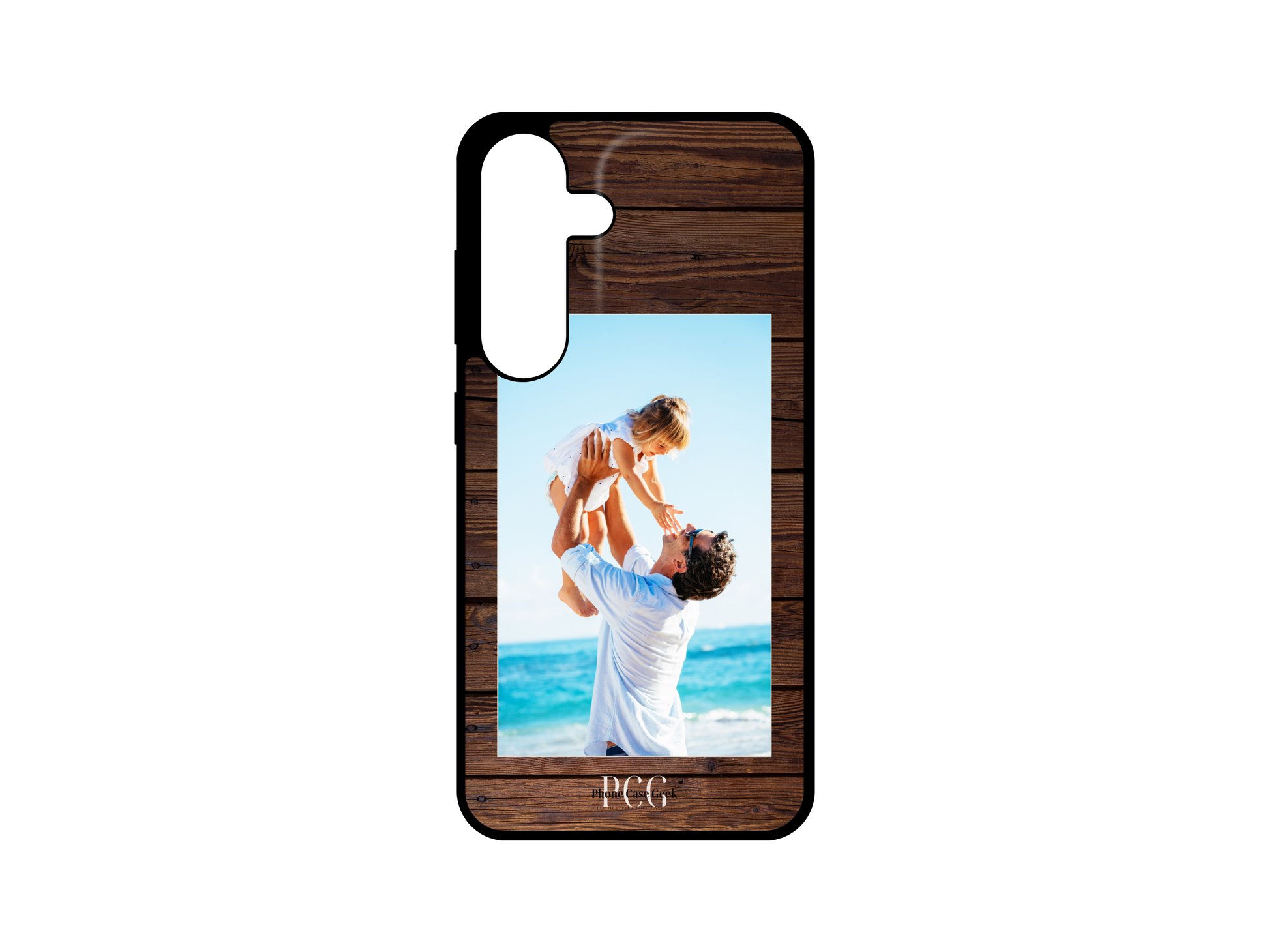 Example of a custom wood pattern background phone case for Samsung Galaxy S24, S23, S22, S21, featuring a photo of a father and child.