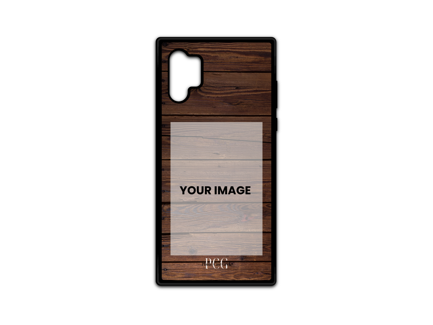 Template for a custom phone case for Samsung Galaxy Note 10 featuring a wood pattern design with designated photo placement area.