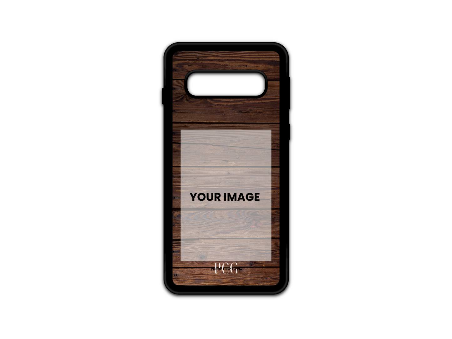 Template for a custom phone case for Samsung Galaxy S10 and S105G featuring a wood pattern design with designated photo placement area.