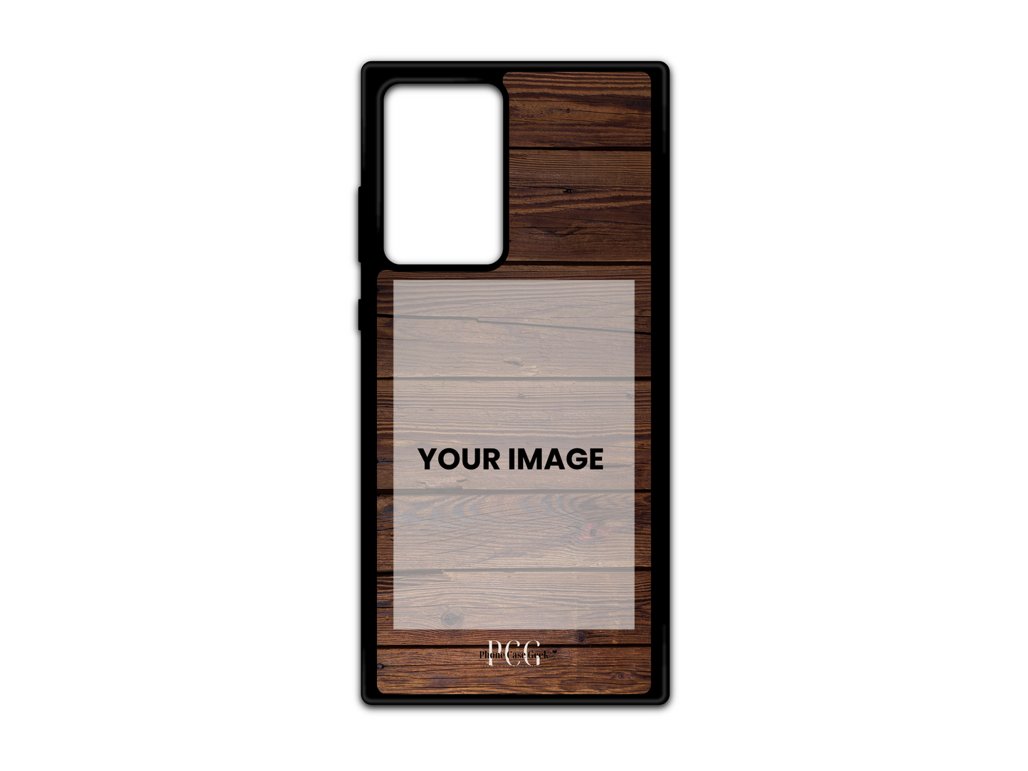 Template for a custom phone case for Samsung Galaxy S21 Ultra, Note 20, and Note 20 Ultra featuring a wood pattern design with designated photo placement area.