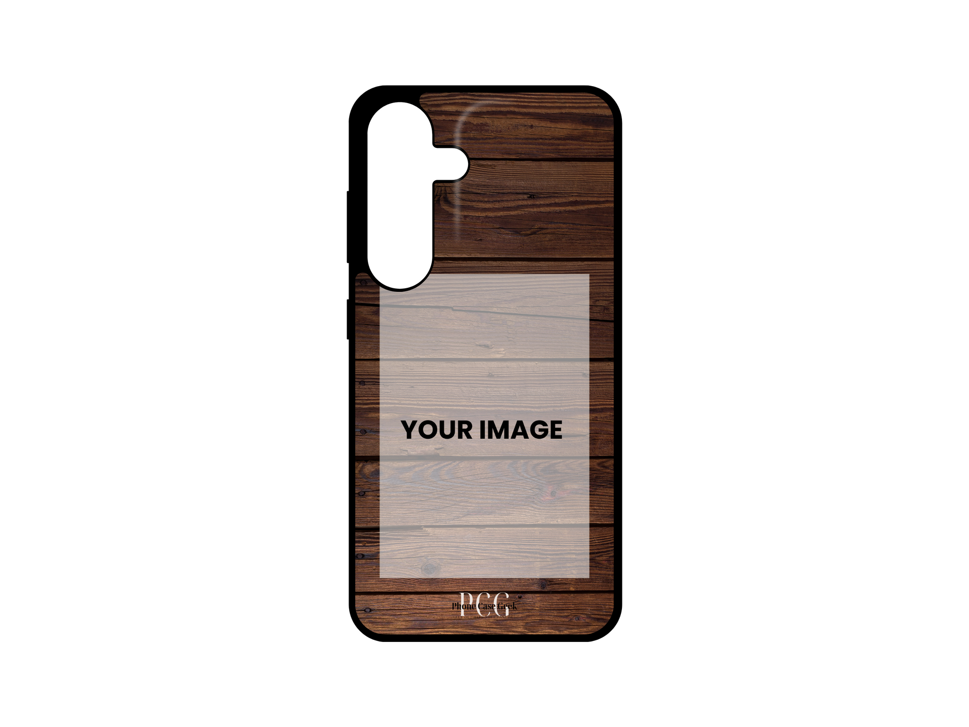 Template for a custom phone case for Samsung Galaxy S24, S23, S22, S21 featuring a wood pattern design with designated photo placement area.