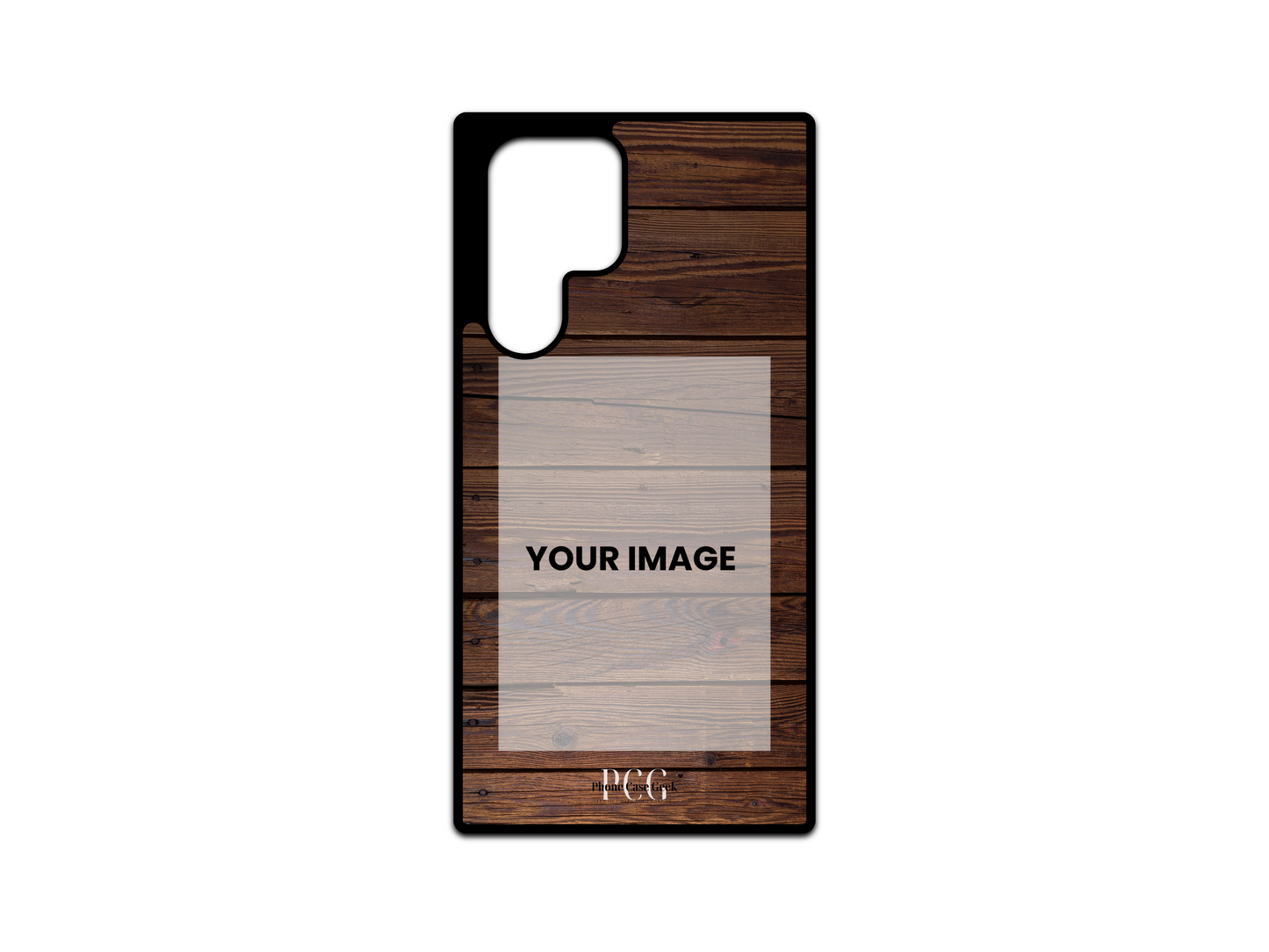 Template for a custom phone case for Samsung Galaxy S24 Ultra, S23 Ultra, S22 Ultra featuring a wood pattern design with designated photo placement area.