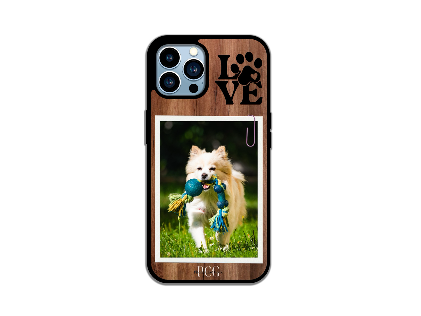 Custom phone case for iPhone featuring a dog image with 'love' design in the upper right corner, set against a dark wood pattern background.