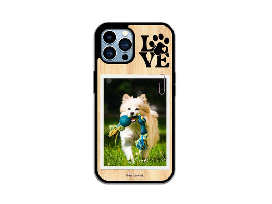 Custom phone case for iPhone featuring a dog image with 'love' design in the upper right corner, set against a light wood pattern background.