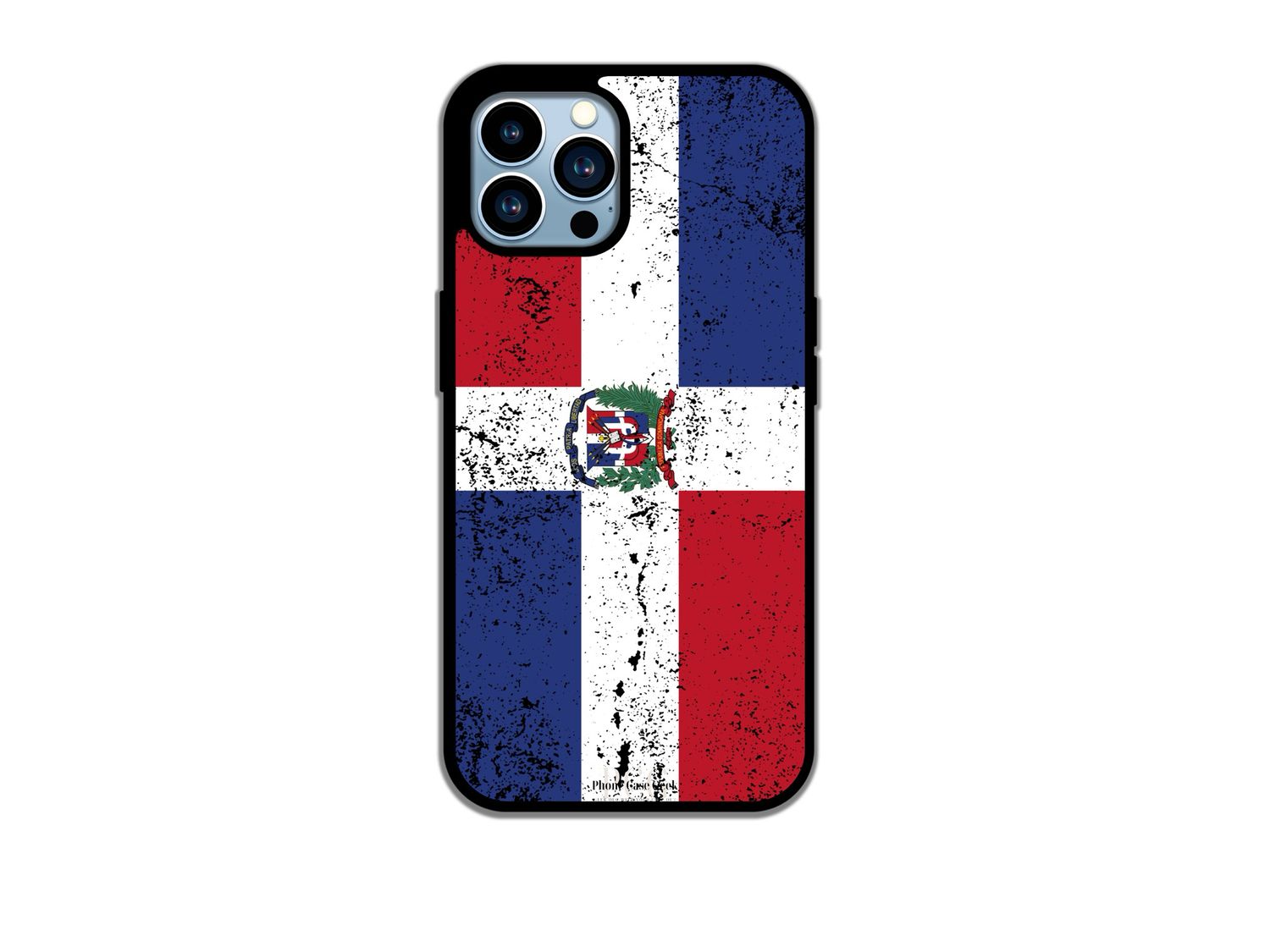 A Dominican Republic flag grunge phone case for iPhone, featuring a distressed design that highlights the colors and emblem of the Dominican Republic flag in a stylish, vintage look.