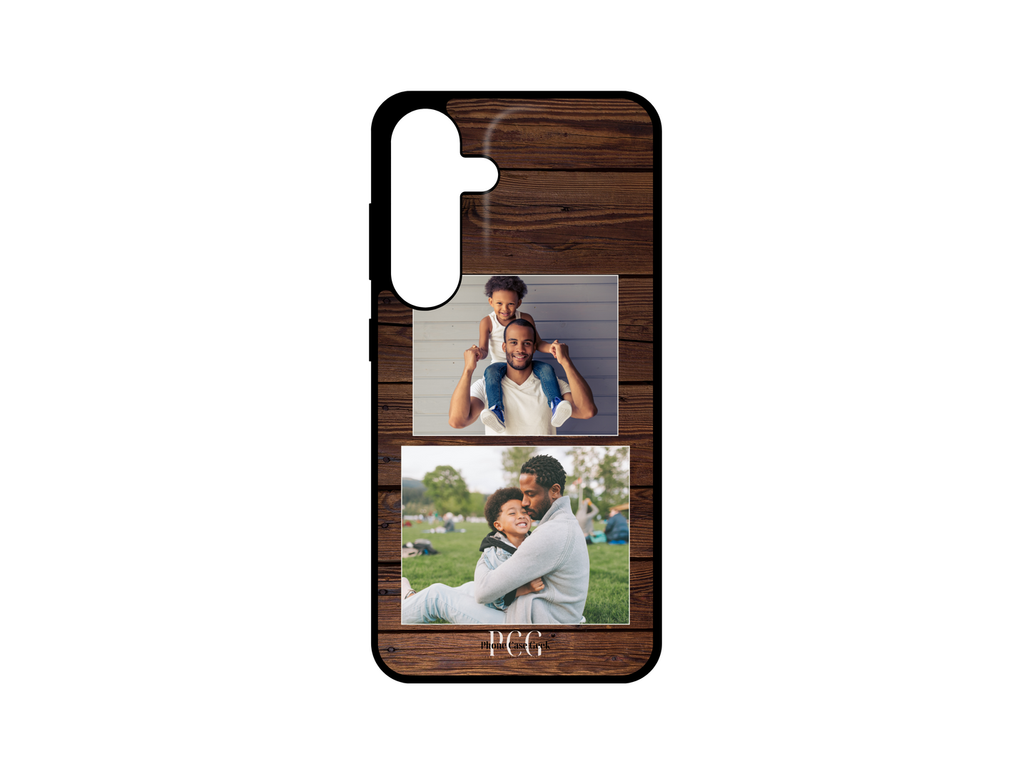 Example of 2 Photo Collage Custom Phone Case with Wood Pattern for Samsung Galaxy S24, S23, S22, and S21 featuring a father and son photo.