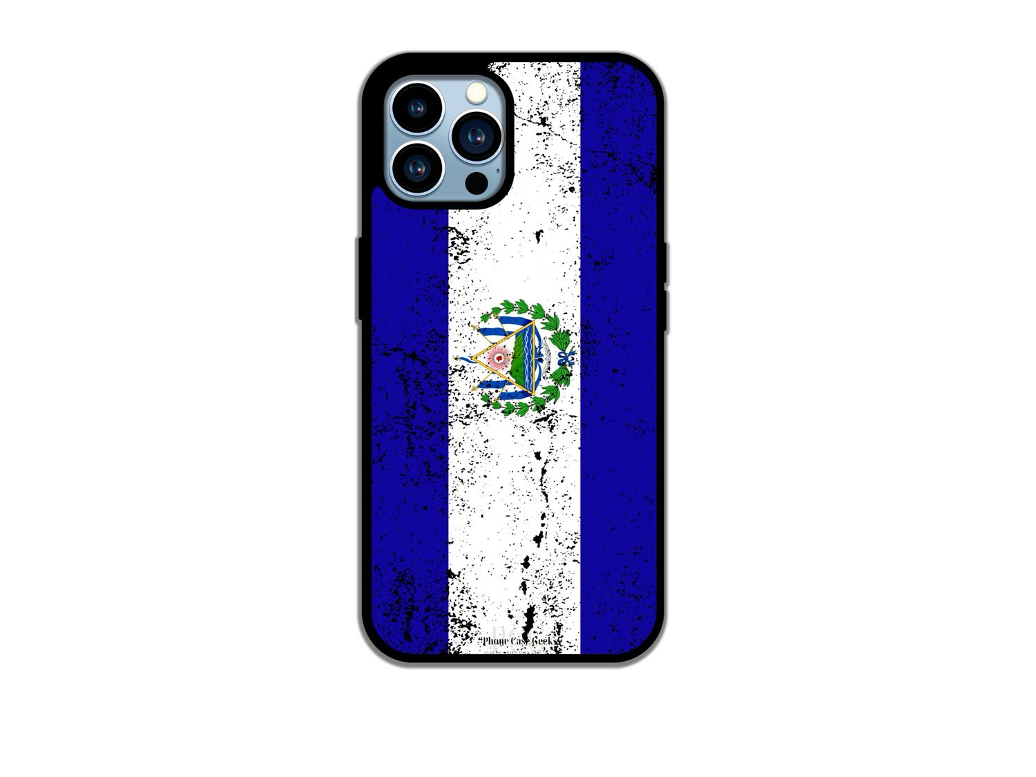 An El Salvador flag grunge phone case for iPhone, featuring a distressed and weathered design that adds a unique and artistic touch to the national flag.