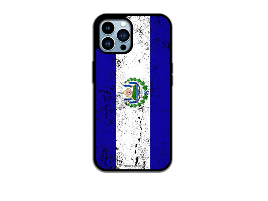 An El Salvador flag grunge phone case for iPhone, featuring a distressed and weathered design that adds a unique and artistic touch to the national flag.