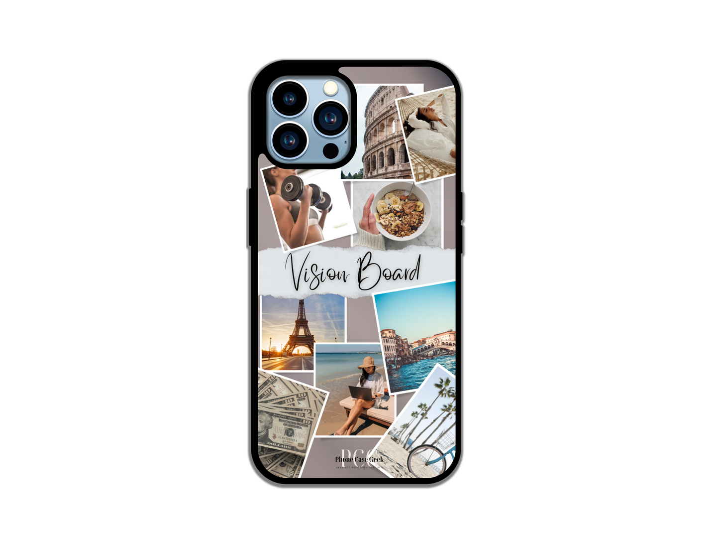 Custom iPhone case featuring a 9-photo vision board collage design showcasing personal goals, memories, and inspirations.