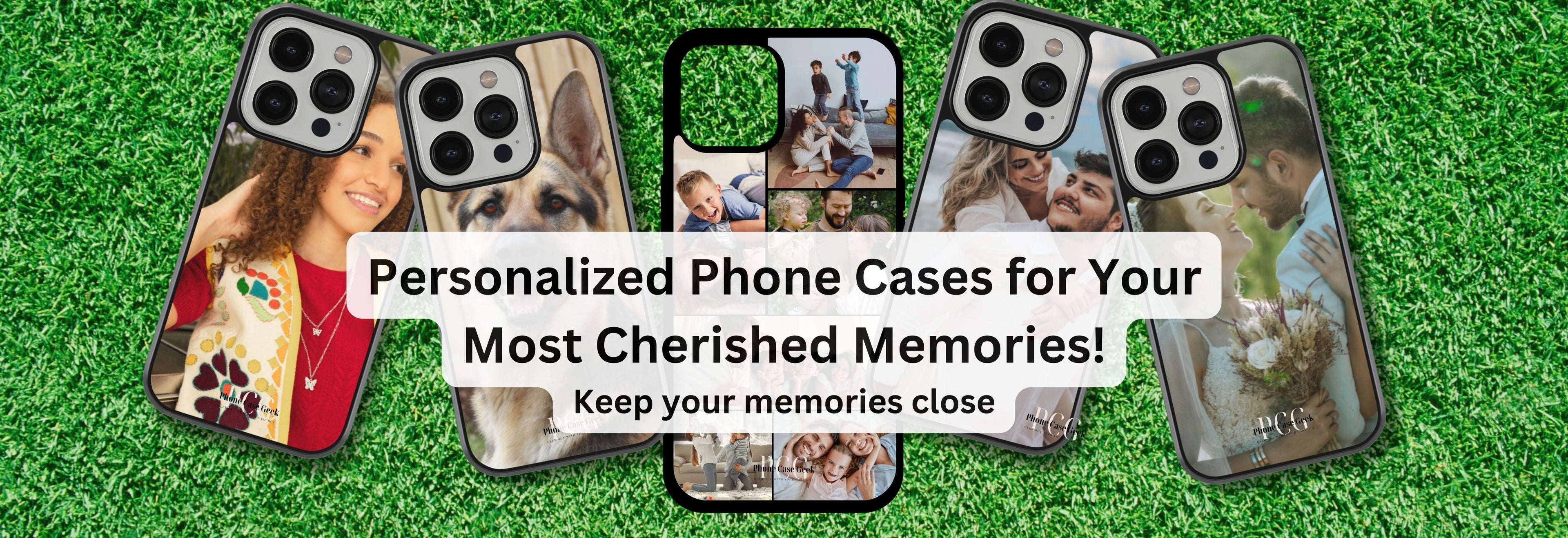 Five custom phone cases with different photos displayed on a grassy background, featuring the text 'Personalized phone cases for your most cherished memories' in the center and 'Keep your memories close' below.