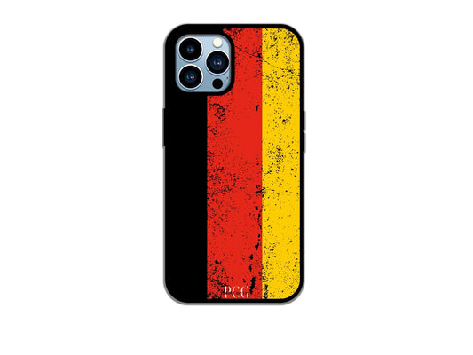 A German flag grunge phone case for iPhone, showcasing a distressed, artistic interpretation of the national flag with a textured finish in black, red, and gold.