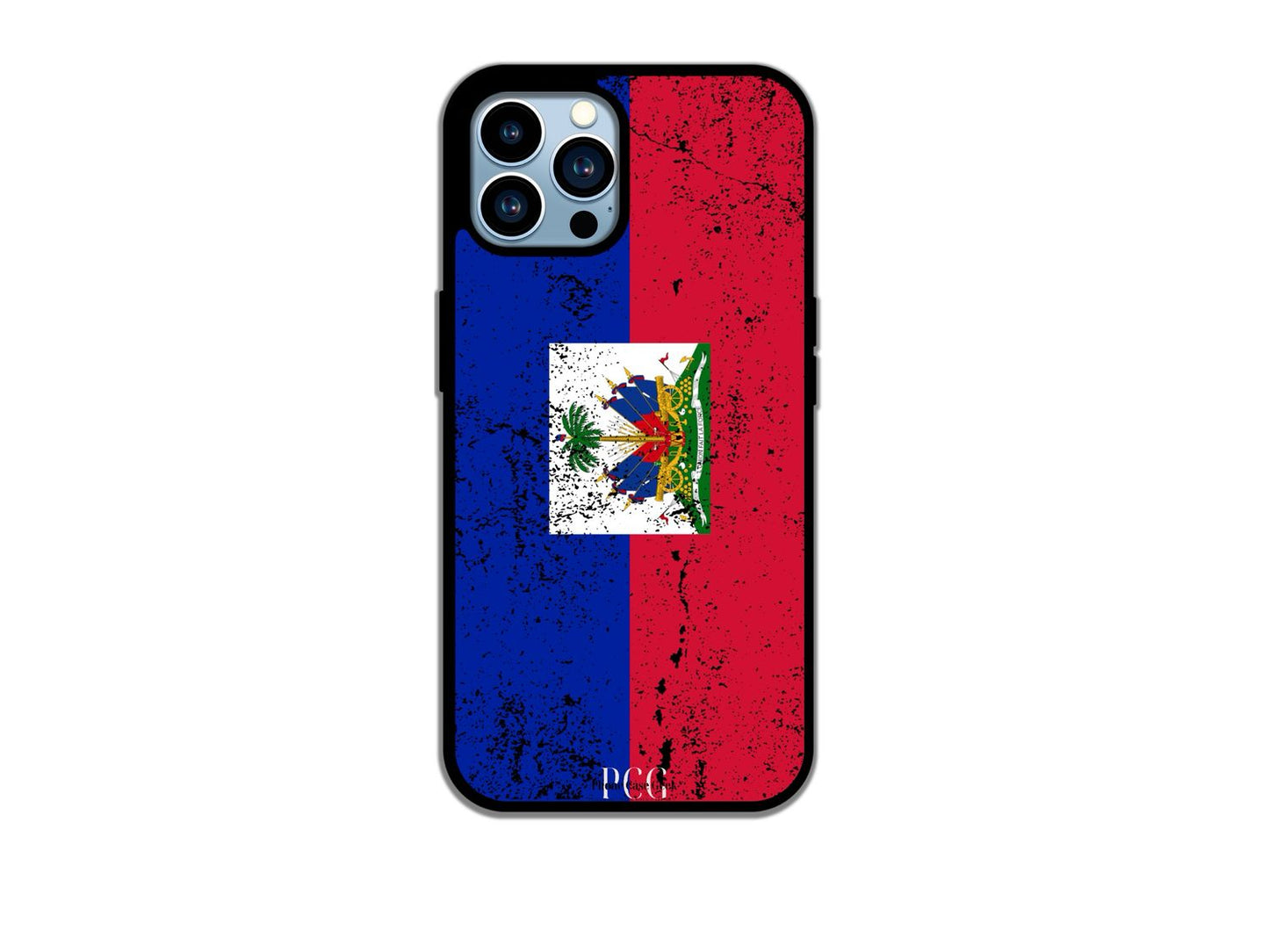 A Haitian flag grunge phone case for iPhone, featuring a distressed design with the vibrant blue and red colors of the flag, showcasing a rustic and artistic style.