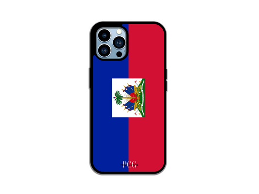 A Haitian flag phone case for iPhone, featuring the vibrant colors of blue and red with the national coat of arms prominently displayed, showcasing patriotism and style.