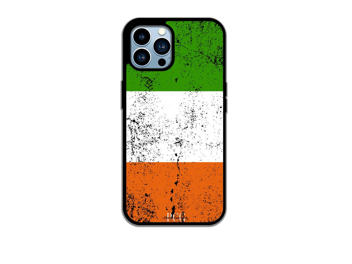 A Irish flag grunge phone case for iPhone, showcasing a distressed design with the iconic green, white, and orange colors representing Irish heritage.