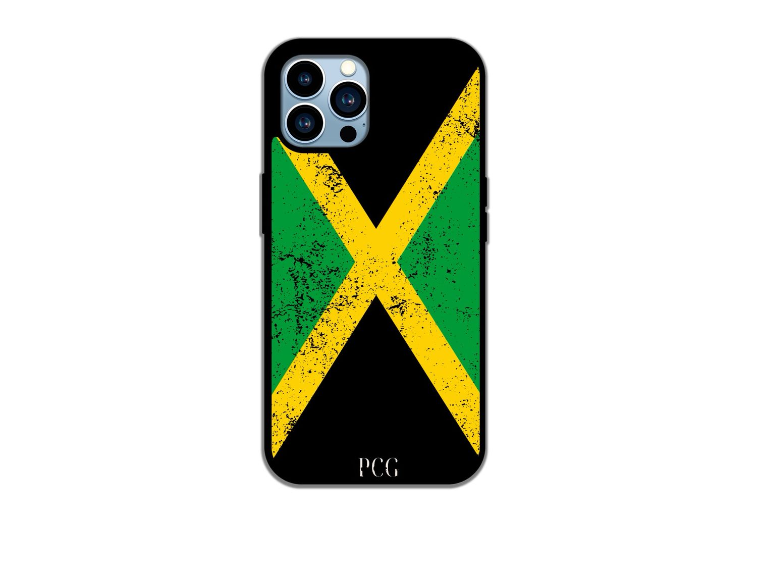 A Jamaican flag grunge phone case for iPhone featuring a textured design that incorporates the vibrant green, yellow, and black colors of the Jamaican flag.