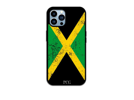 A Jamaican flag grunge phone case for iPhone featuring a textured design that incorporates the vibrant green, yellow, and black colors of the Jamaican flag.