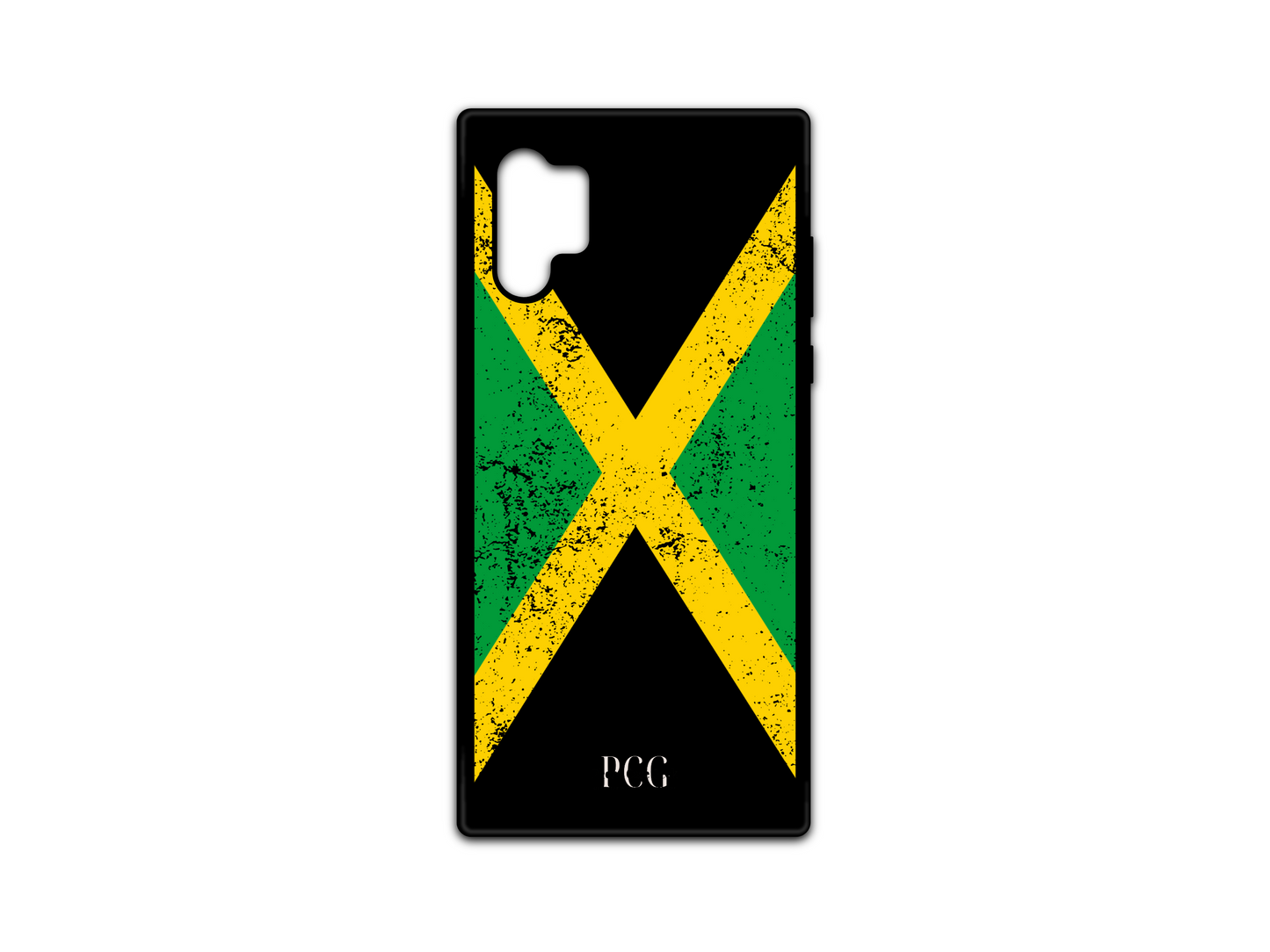 Jamaican Flag Grunge Phone Case for Samsung Galaxy Note 10, featuring a distressed and worn version of the Jamaican flag with faded green, yellow, and black elements, creating a bold and unique design that symbolizes the spirit and culture of Jamaica.