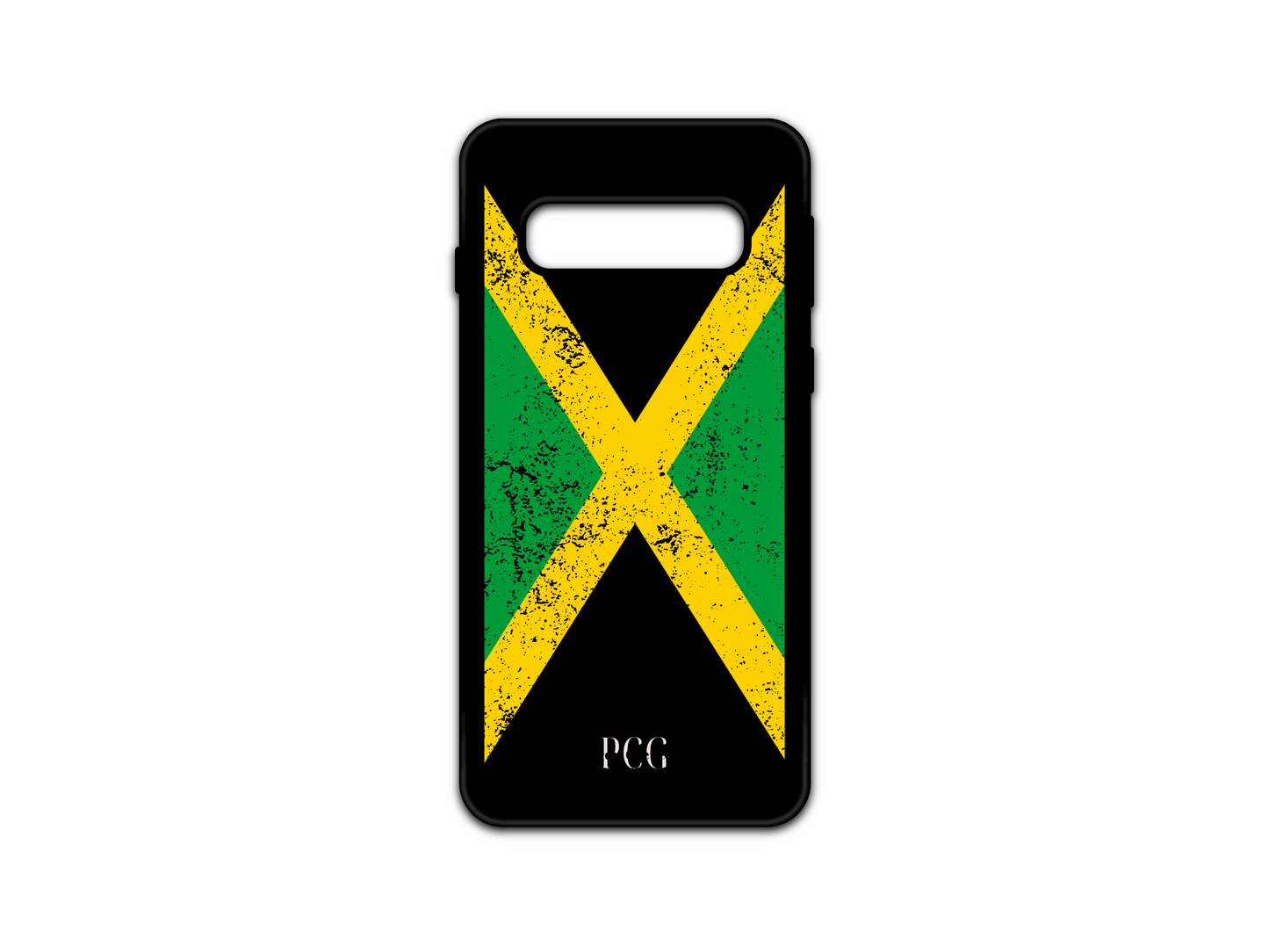 Jamaican Flag Grunge Phone Case for Samsung Galaxy S10, featuring a distressed, vintage-style Jamaican flag design with bold green, yellow, and black colors, creating a rugged and unique look for your phone.