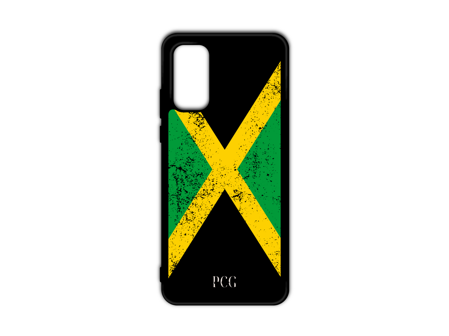 Jamaican Flag Grunge Phone Case for Samsung Galaxy S20, S20 Ultra, and S20 FE, featuring a distressed, bold Jamaican flag design with green, yellow, and black colors in a vintage grunge style, giving the phone a unique, edgy, and patriotic look.