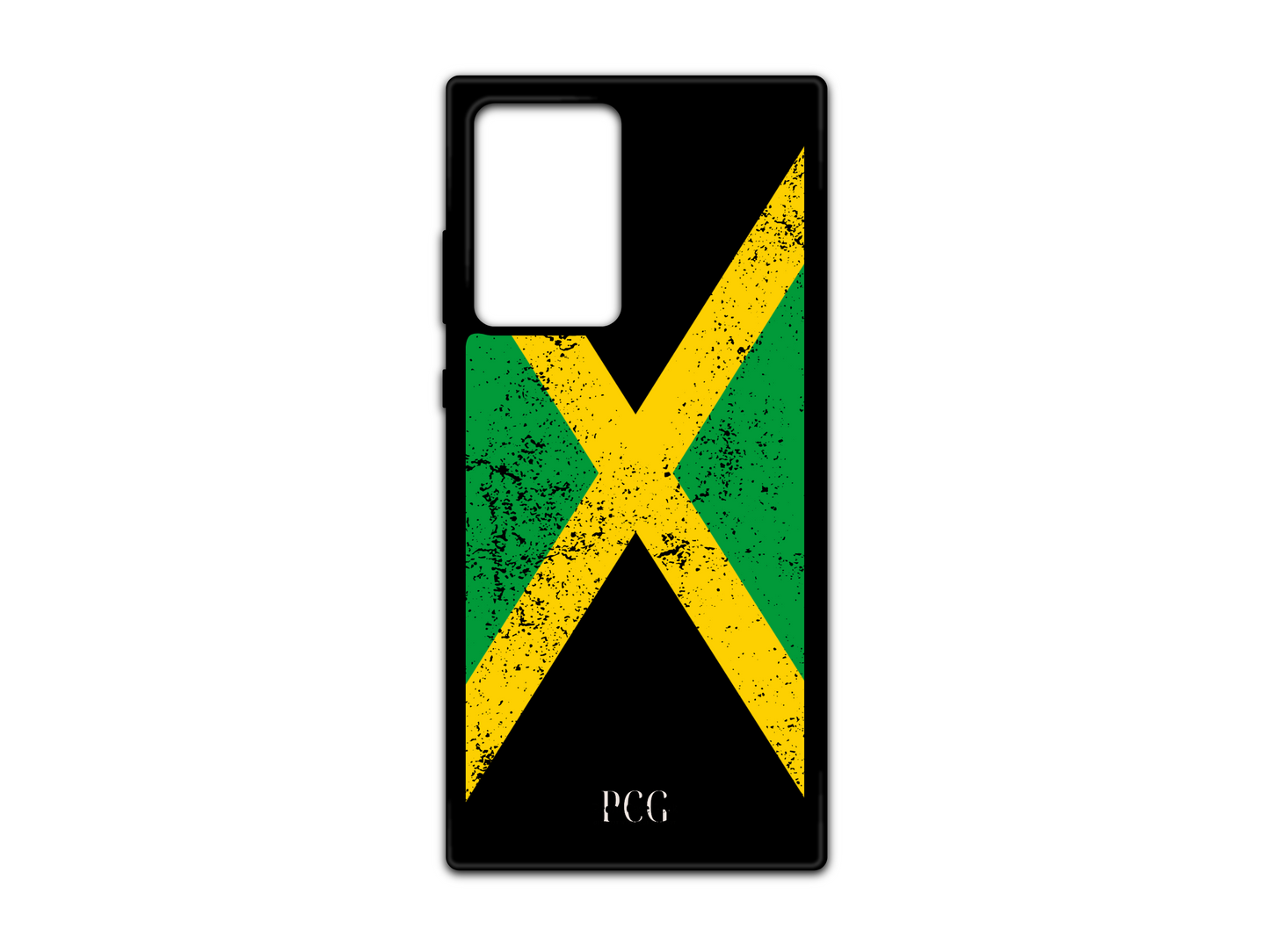 Jamaican Flag Grunge Phone Case for Samsung Galaxy S21 Ultra, Note 20, and Note 20 Ultra, showcasing a weathered and rugged Jamaican flag with bold green, yellow, and black hues, offering a unique, worn-in look that adds character to the phone while representing the vibrant culture of Jamaica.