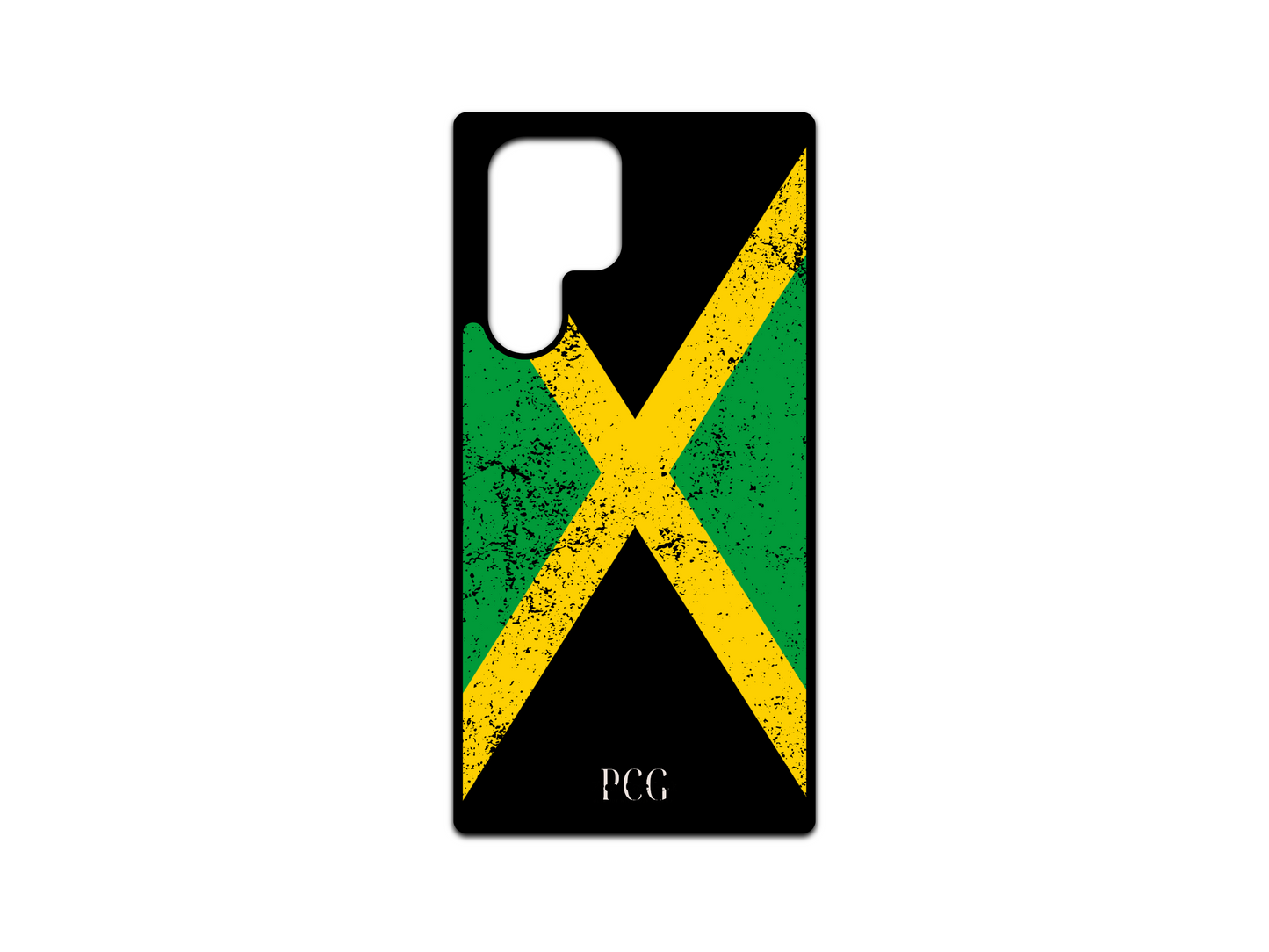 Jamaican Flag Grunge Phone Case for Samsung Galaxy S24 Ultra, S23 Ultra, and S22 Ultra, featuring a distressed, vintage-style Jamaican flag design with bold green, yellow, and black colors, giving the phone a unique, rugged appearance.