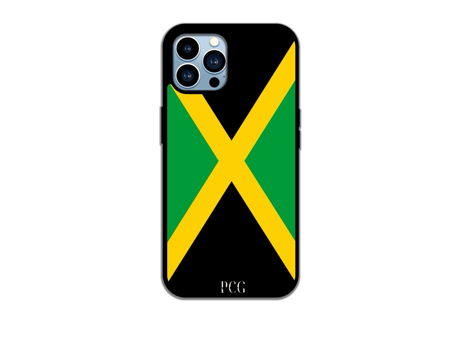 A Jamaican flag phone case for iPhone, featuring a vibrant design with the iconic green, yellow, and black colors of the Jamaican flag.